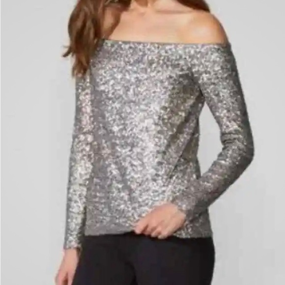 BAILEY 44 OFF THE SHOULDER SEQUIN TOP SMALL TAUPE ANTIQUE GOLD SILVER - Picture 3 of 8